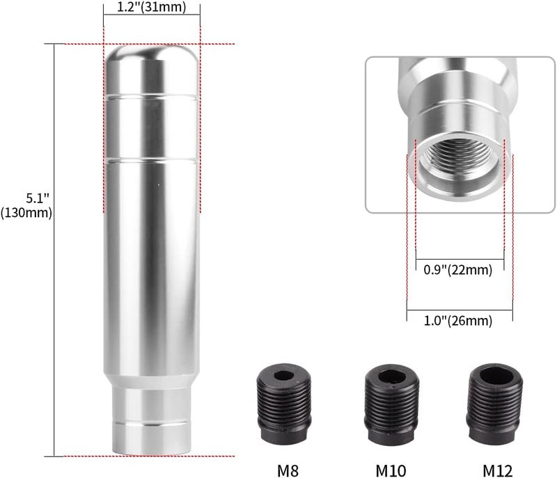 BARTOO Aluminum Weighted Manual Shift knobs, Long Stick Shift Knob Gear Shifter Knobs, Car Accessories Lever Cover Head Universal Shifter Knobs with 3 Threaded Adapters (Silver) - Image 5